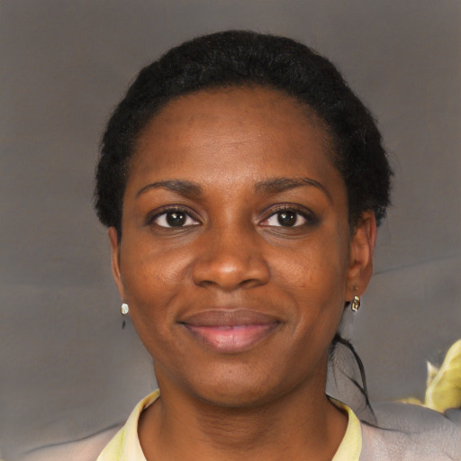 Joyful black young-adult female with short  black hair and brown eyes