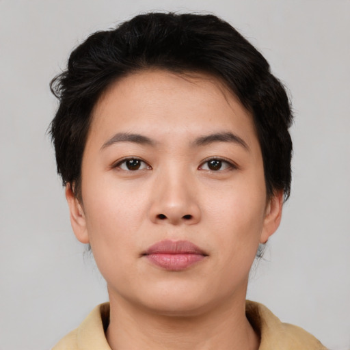 Neutral asian young-adult female with short  brown hair and brown eyes