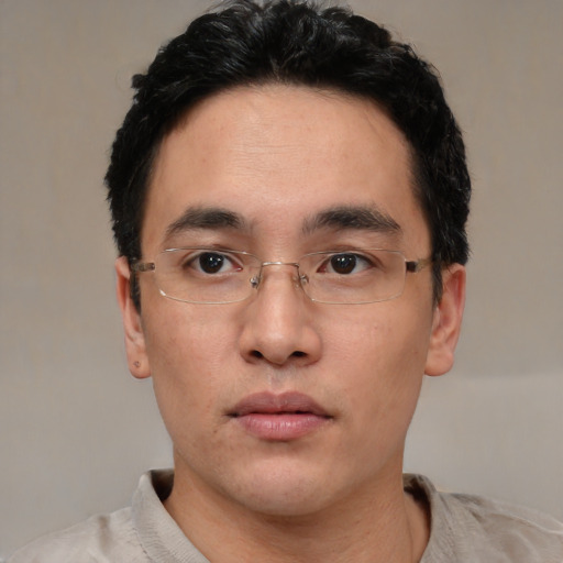 Neutral asian young-adult male with short  black hair and brown eyes