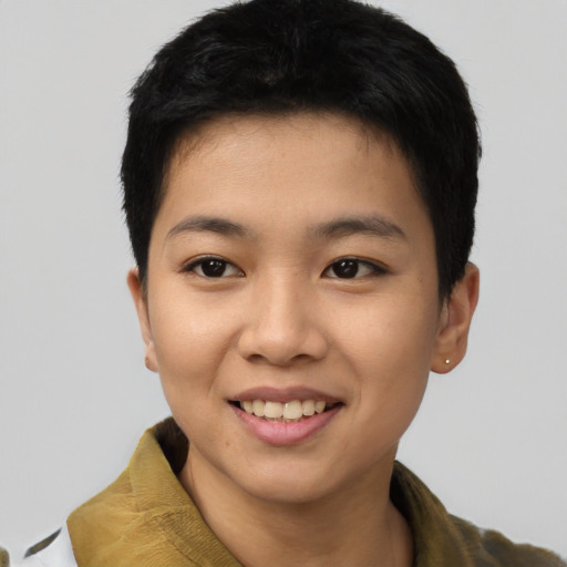 Joyful asian young-adult female with short  black hair and brown eyes