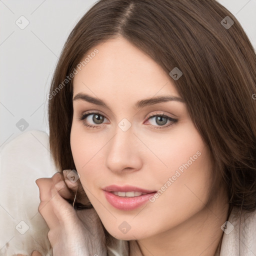 Neutral white young-adult female with medium  brown hair and brown eyes