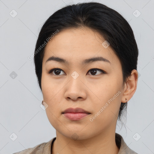 Neutral asian young-adult female with medium  black hair and brown eyes