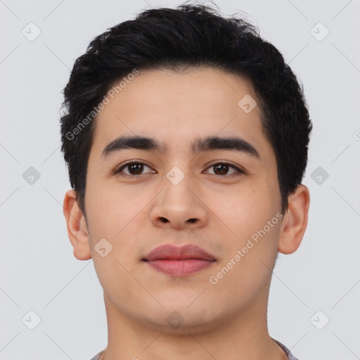 Neutral asian young-adult male with short  black hair and brown eyes