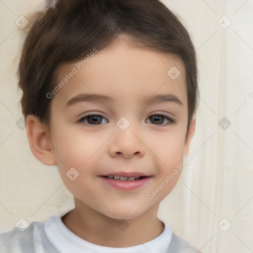 Joyful white child female with short  brown hair and brown eyes