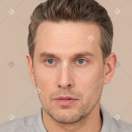 Neutral white adult male with short  brown hair and brown eyes