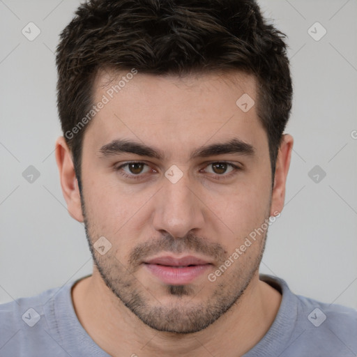 Neutral white young-adult male with short  brown hair and brown eyes