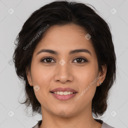 Joyful white young-adult female with medium  brown hair and brown eyes