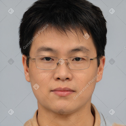 Neutral asian young-adult male with short  brown hair and brown eyes