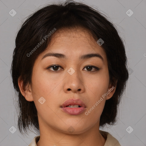 Neutral asian young-adult female with medium  brown hair and brown eyes