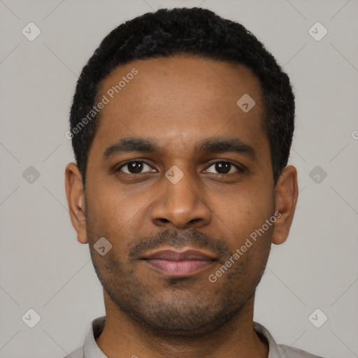 Neutral latino young-adult male with short  black hair and brown eyes