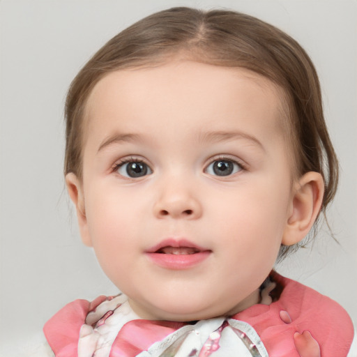 Neutral white child female with medium  brown hair and blue eyes