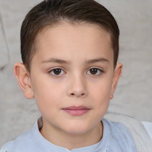 Joyful white child female with short  brown hair and brown eyes