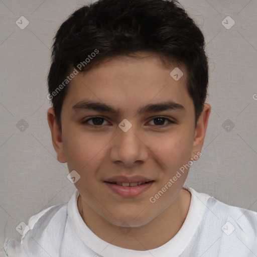 Joyful white child male with short  brown hair and brown eyes