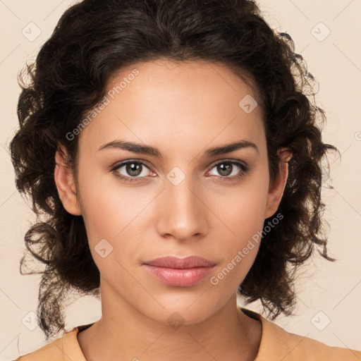 Neutral white young-adult female with medium  brown hair and brown eyes