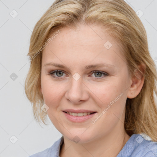 Joyful white young-adult female with medium  brown hair and blue eyes