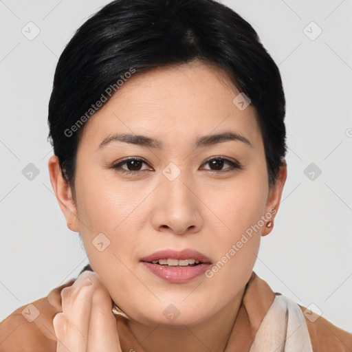 Joyful asian young-adult female with short  brown hair and brown eyes