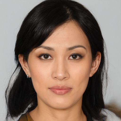 Neutral asian young-adult female with long  black hair and brown eyes