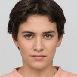 Neutral white young-adult female with short  brown hair and brown eyes