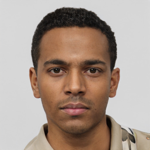 Neutral black young-adult male with short  black hair and brown eyes