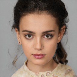 Neutral white young-adult female with medium  brown hair and brown eyes