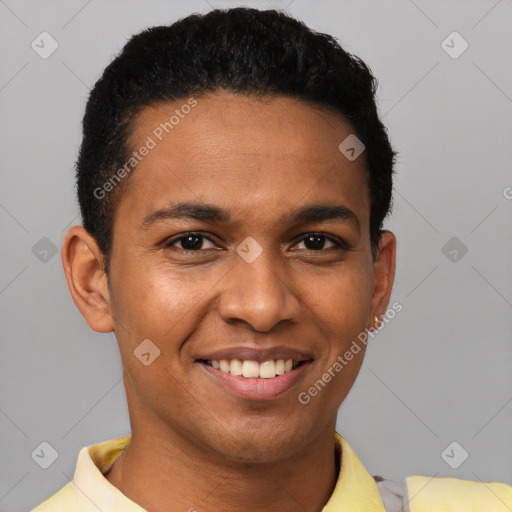 Joyful white young-adult male with short  black hair and brown eyes