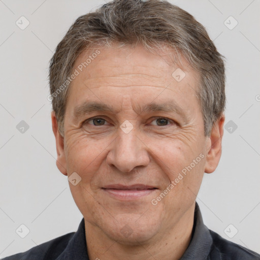 Joyful white middle-aged male with short  brown hair and brown eyes