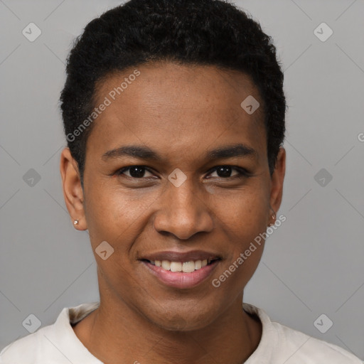 Joyful black young-adult male with short  black hair and brown eyes