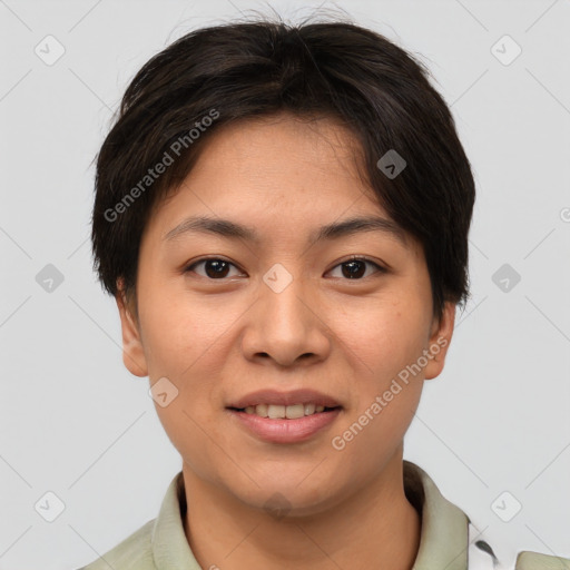 Joyful asian young-adult female with short  brown hair and brown eyes