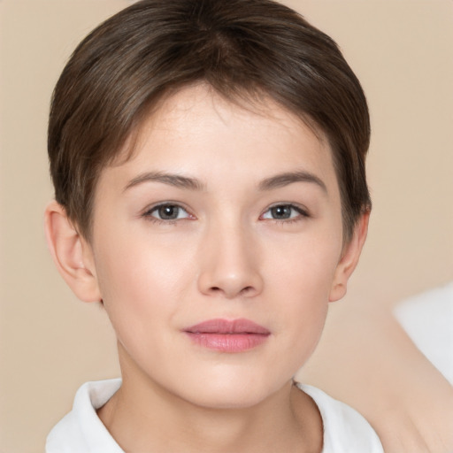 Neutral white young-adult female with short  brown hair and brown eyes