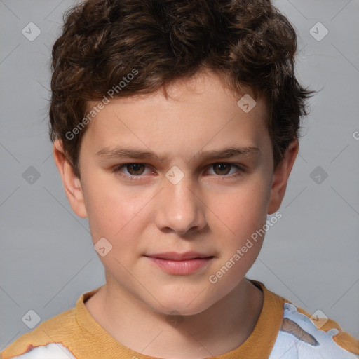 Joyful white child male with short  brown hair and brown eyes