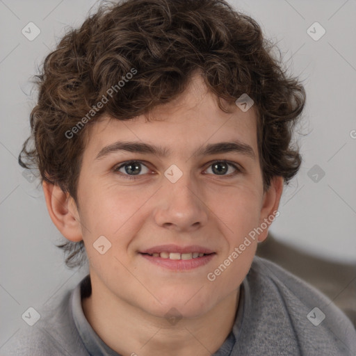 Joyful white young-adult male with medium  brown hair and brown eyes