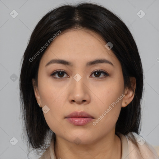 Neutral asian young-adult female with medium  brown hair and brown eyes