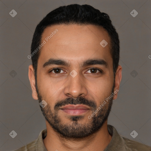 Neutral latino young-adult male with short  black hair and brown eyes