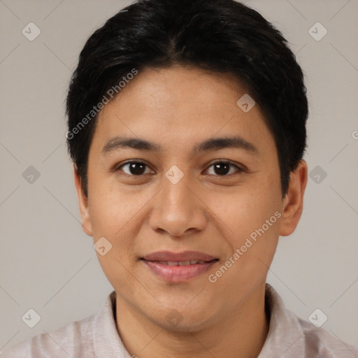 Joyful latino young-adult female with short  black hair and brown eyes