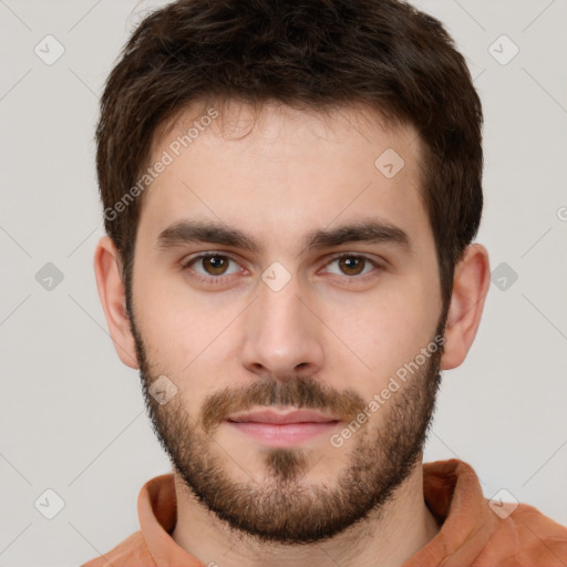 Neutral white young-adult male with short  brown hair and brown eyes