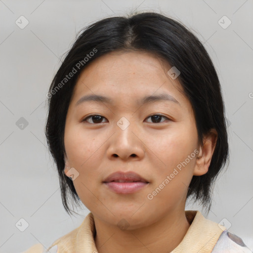 Neutral asian young-adult female with medium  brown hair and brown eyes