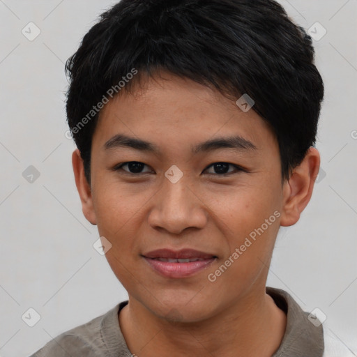 Joyful asian young-adult female with short  black hair and brown eyes