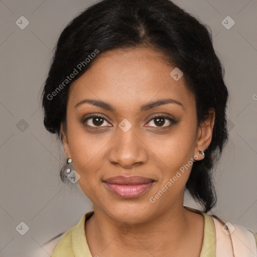 Joyful black young-adult female with medium  brown hair and brown eyes