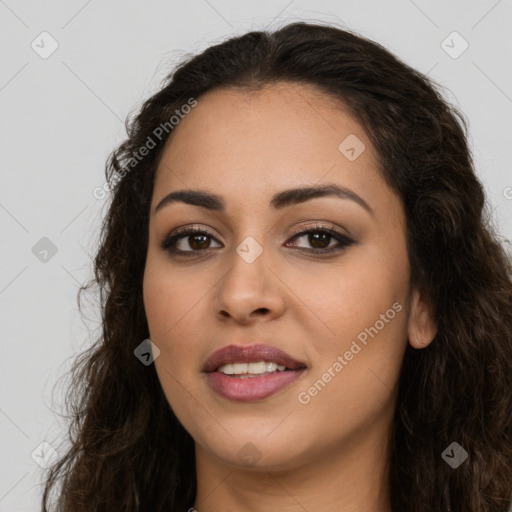 Joyful white young-adult female with long  brown hair and brown eyes