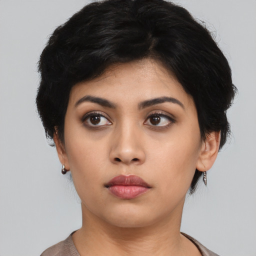 Neutral asian young-adult female with short  black hair and brown eyes