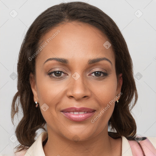 Joyful white young-adult female with medium  brown hair and brown eyes