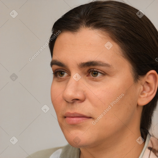 Neutral white young-adult female with medium  brown hair and brown eyes