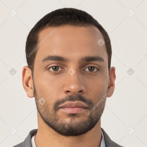 Neutral latino young-adult male with short  black hair and brown eyes