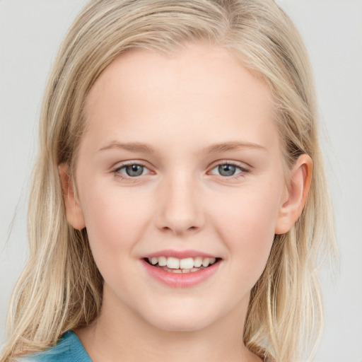 Joyful white young-adult female with medium  blond hair and blue eyes