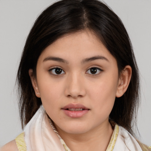 Neutral white young-adult female with medium  brown hair and brown eyes