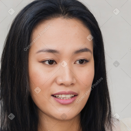 Joyful asian young-adult female with long  brown hair and brown eyes