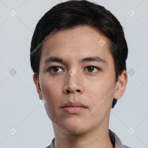 Neutral asian young-adult male with short  black hair and brown eyes