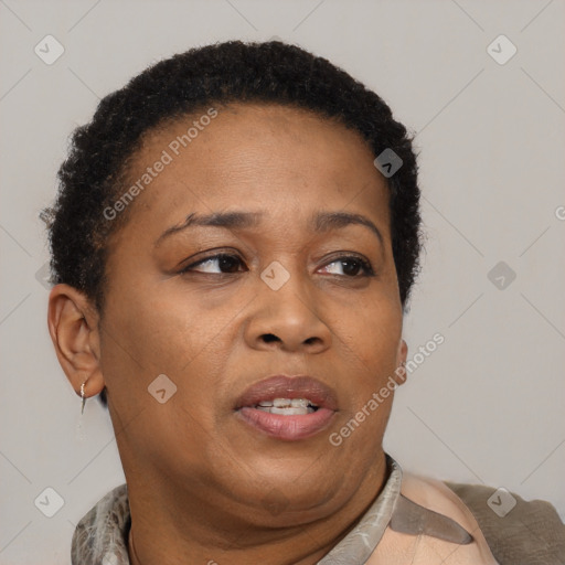 Joyful black adult female with short  brown hair and brown eyes