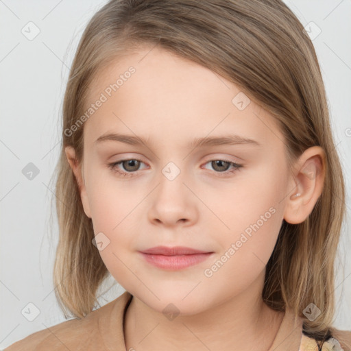 Joyful white child female with medium  brown hair and grey eyes