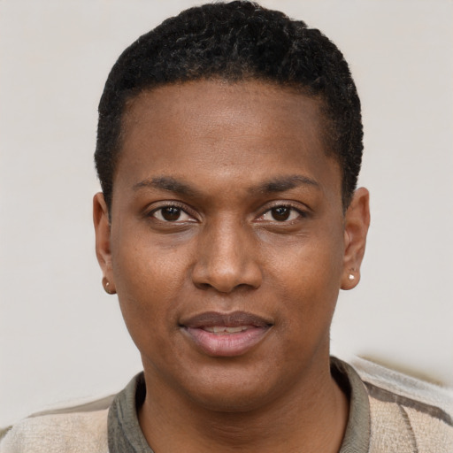 Joyful black young-adult male with short  brown hair and brown eyes